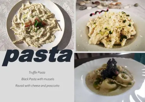 A yacht charter menu page with dishes and the text By My Side on the left