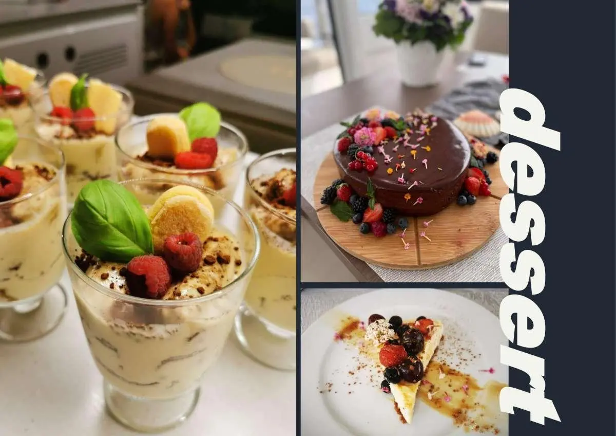 By My Side yacht charter scene with dessert plates and fruit toppings on a table