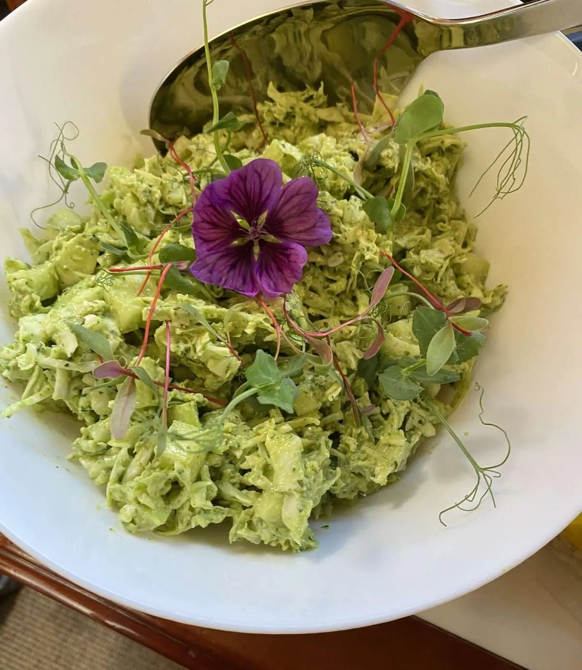 Christal Mio yacht charter menu on a plate with leafy greens and a purple flower