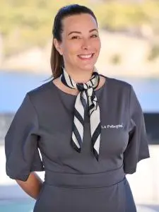 Crew Member Smiling Grey Uniform Striped Scarf