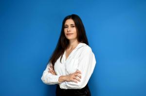 Woman Portrait White Shirt Blue Background