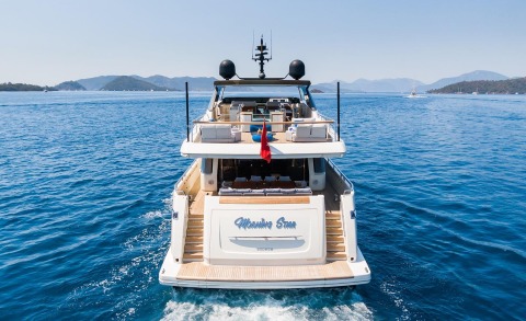 Morning Star yacht on calm blue sea with rear deck and outdoor seating