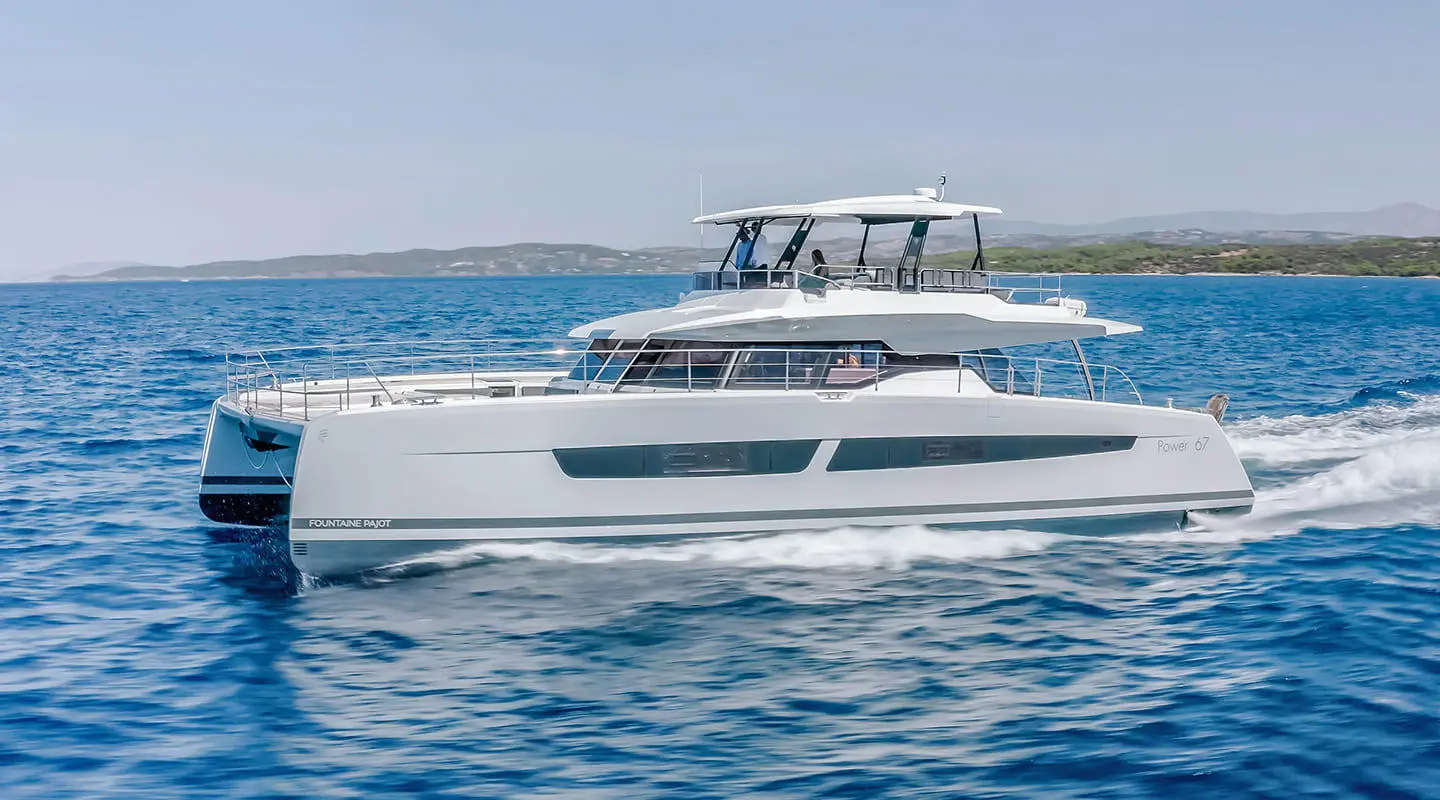 Yacht D2 cruising on blue sea with white hull and cabin windows