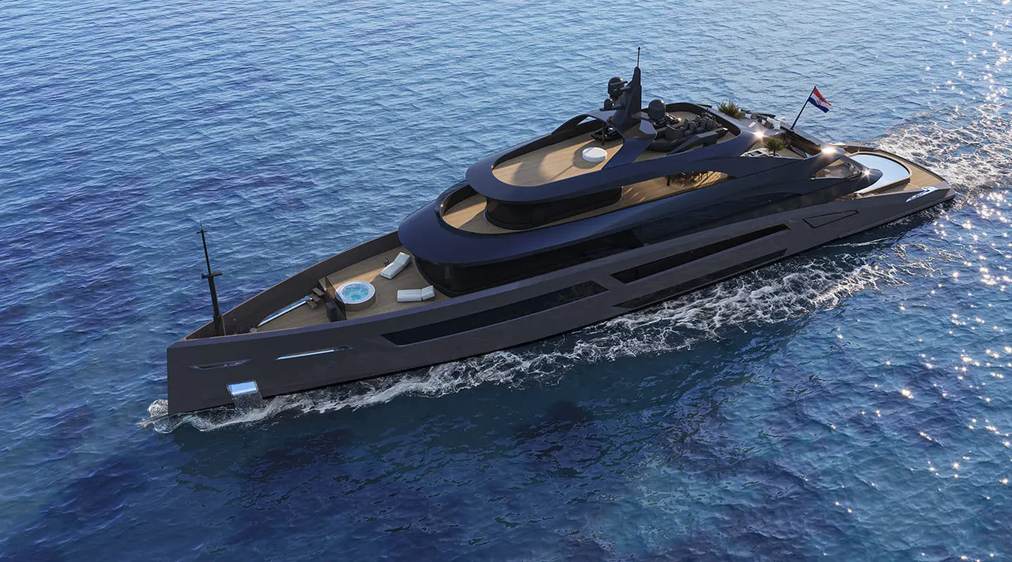 A sleek motor yacht Bello cruises on blue sea, white wake behind