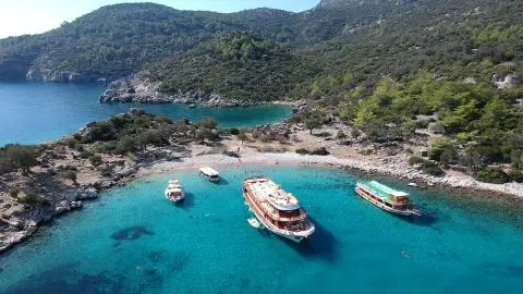 Three boats anchored near a rocky, pine‑lined shoreline in a turquoise cove