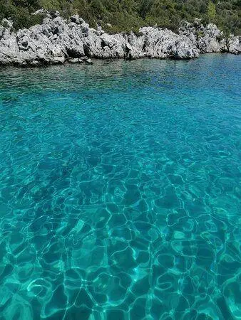 Calm turquoise seawater with visible seabed patterns and rocky shoreline with greenery