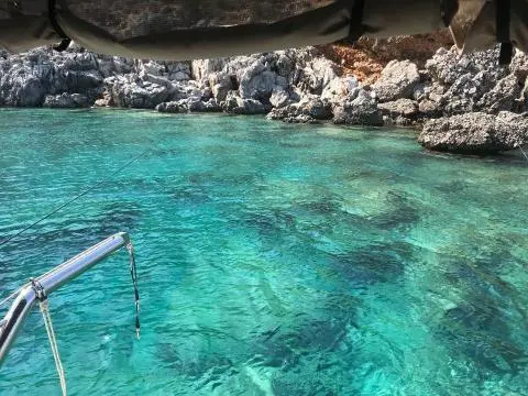 Crystal turquoise water near a rocky coastline with a distant shoreline