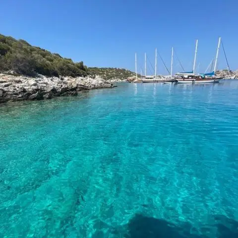 Turquoisecove seascape with clear blue water and anchored sailboats