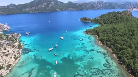 Turquoise sea with anchored yachts near forested shoreline, clear water