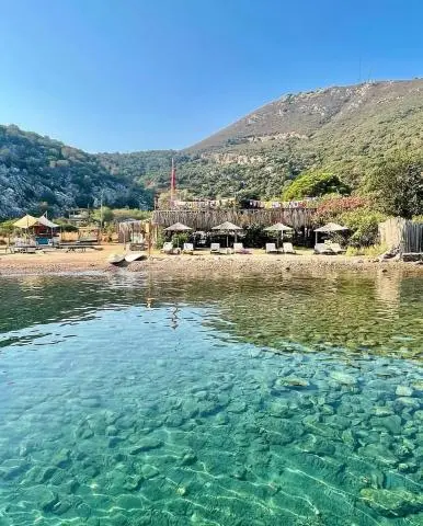 Turquoise waterfront with beach, sunbeds, straw umbrellas and clear shoreline