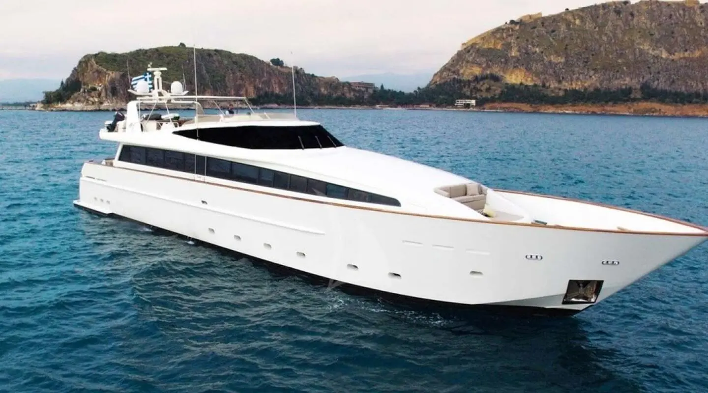 Aquila yacht with a white hull, luxury motor yacht, open deck on the sea