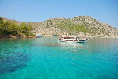 White gulet anchored in turquoise calm water in front of a rocky pine-covered island