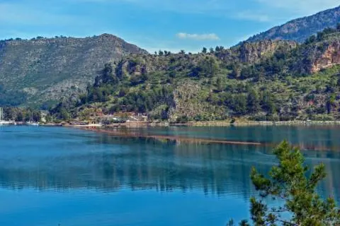 Calm bay with blue water reflecting pine trees and rugged green mountains along the shore