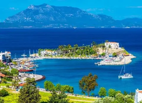 Yachts anchored in a small palm-lined marina on a bright blue bay with distant mountains