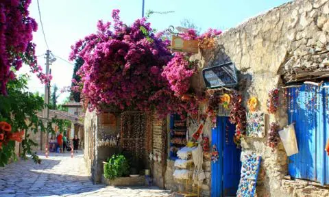 Stone-paved street with a handicraft shop, bright pink bougainvillea and blue doors