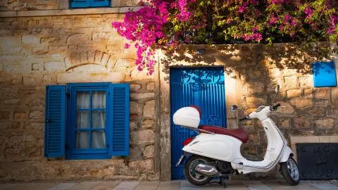 White scooter with blue door beside stone wall and blooming flowers