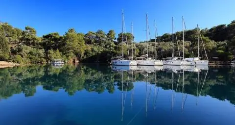 White sailing yachts moored in a calm cove with trees clearly reflected in the water