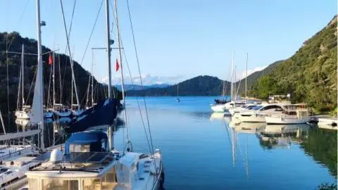 Sailboats and a motor yacht moored in a calm blue marina bay