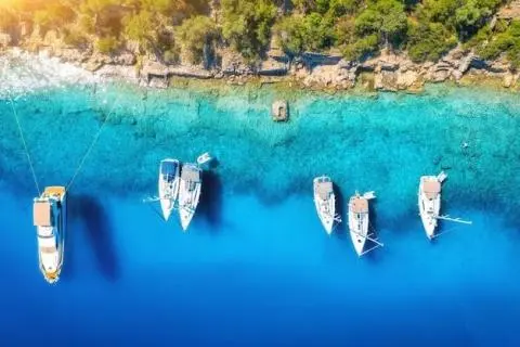 Aerial view of turquoise water with several yachts near a tree-lined shore