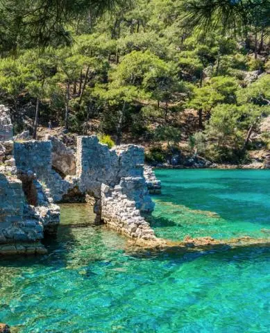 Stone ruin walls along turquoise coastal water with pine-covered hillside behind
