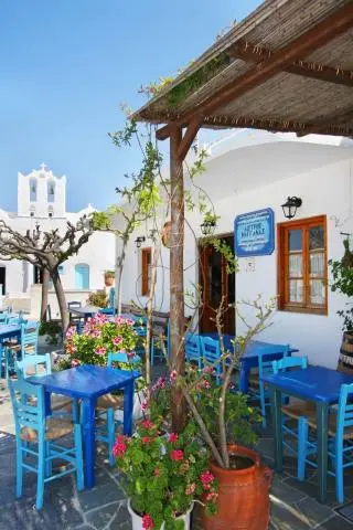 Outdoor terrace with blue tables and chairs, potted pink flowers and whitewashed building