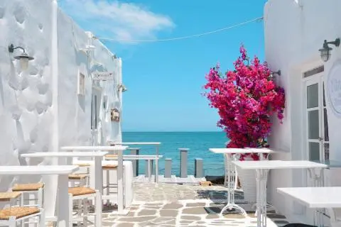 White-washed alley with tables facing the sea and bright magenta bougainvillea on right
