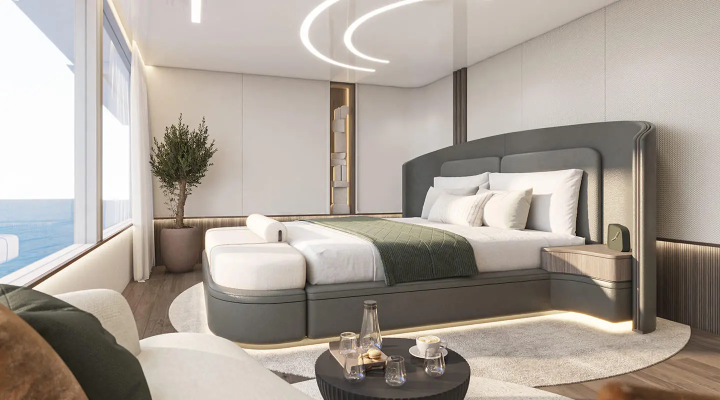 Bello yacht deck scene with two beds, stylish lamp, and seating area