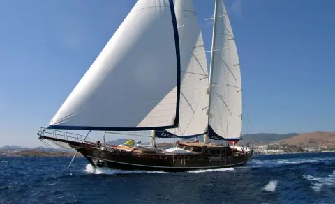 Gulet Kaya Guneri 4 sailing with white sails on blue sea, hull visible