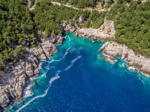 Rocky cliffs and dense pine forest lining deep blue and turquoise coastal waters