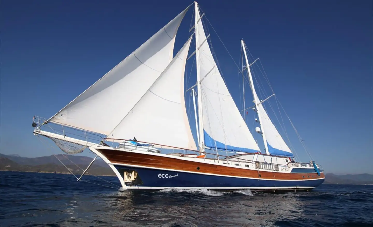Yacht Ece Berrak with white sails on blue sea at sunset