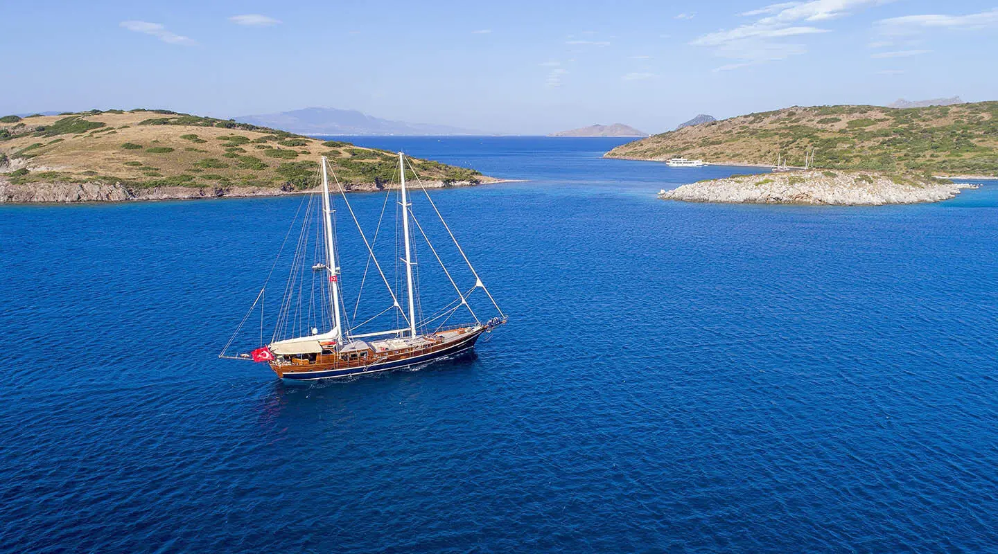 Sailing gulet yacht on blue sea with two masts