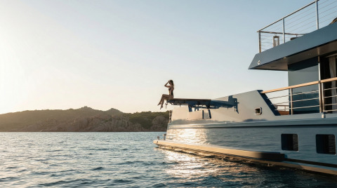 Woman in a swimsuit sitting on a blue yacht's platform over calm sea with rocky shoreline at sunset