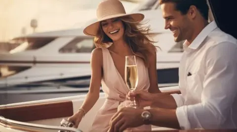 Woman in a wide-brim hat laughing with champagne glass, man beside her on yacht at marina