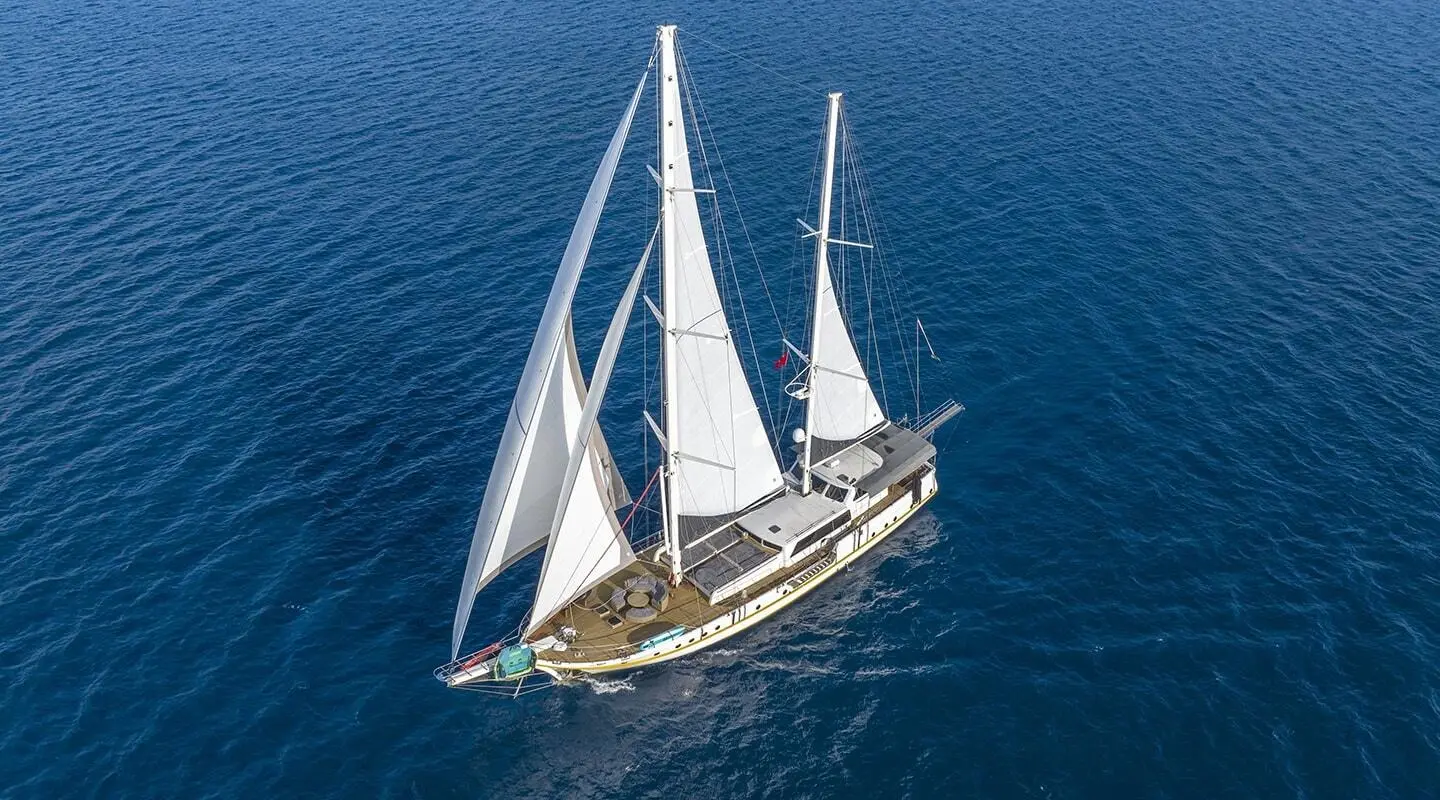 A gulet sailing with three masts on blue sea, viewed from above
