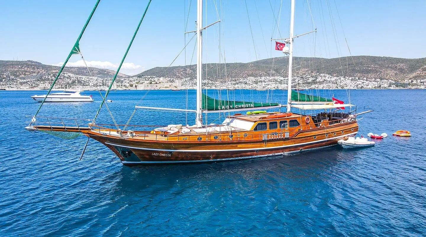 Lady Christa luxury gulet yacht anchored on calm blue water at sunset