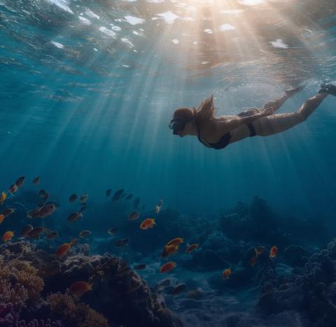 Woman wearing snorkel mask gliding underwater above coral with small colorful fish