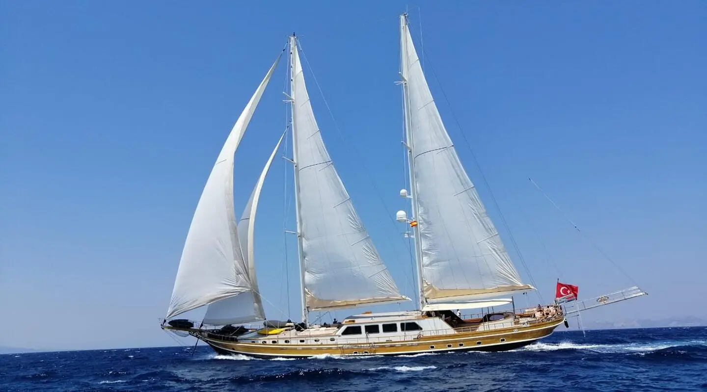Kaya Guneri 5 gulet sailing with tall white sails on blue sea