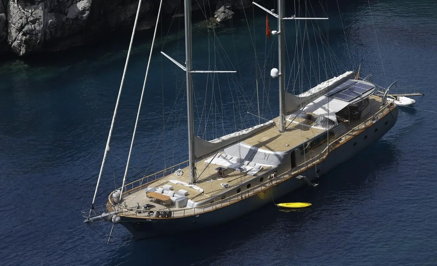 Gulet yacht Silver Moon seen from above anchored in calm blue sea