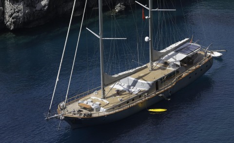 Aerial view of a large sailing yacht on blue water with sun loungers on the deck