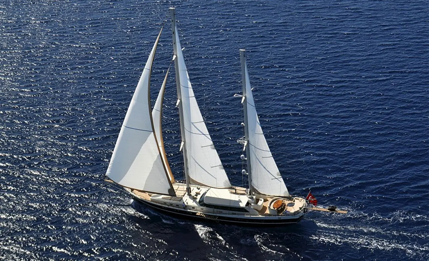 Dolce Mare luxury gulet sailing at sunset with white sails on blue sea