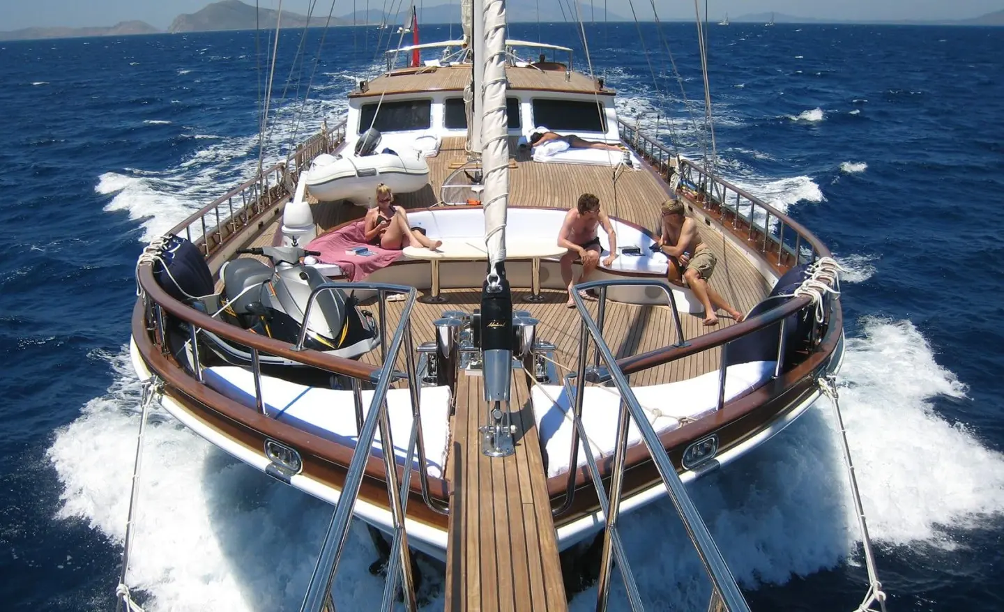 From above, the Kaya Guneri 5 yacht stern and deck with ropes and Mediterranean sea