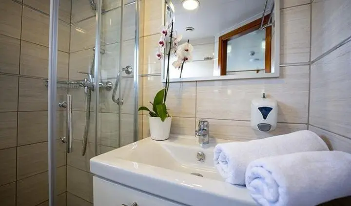 Karizma cabin bathroom on a yacht featuring sink, mirror, and shower