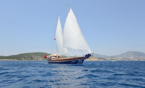Zephyria II sailing yacht on blue sea with white sails, coastal hills in background