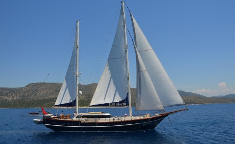Sailing yacht on blue sea with masts and sails, people on the deck and Blue Heaven logo