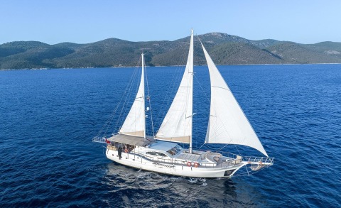 Queen Of Sea sailing yacht with white sails on blue sea and hilly coastline