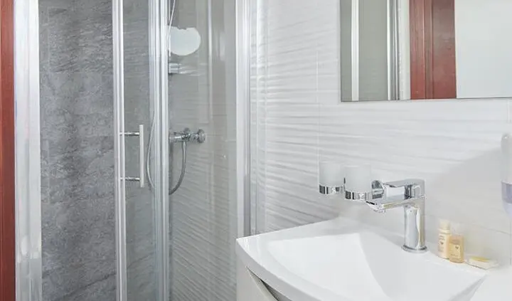 Master cabin ensuite bathroom on Lupus Mare, white sink and shower visible