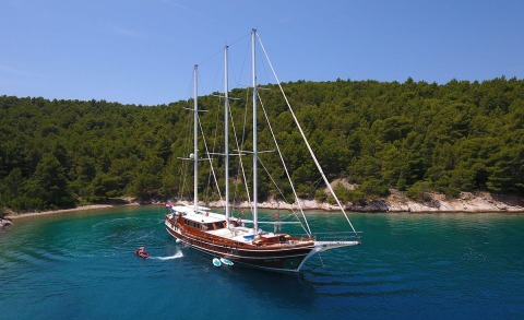 Wooden sailing yacht photographed from the side with green forested shore and blue water