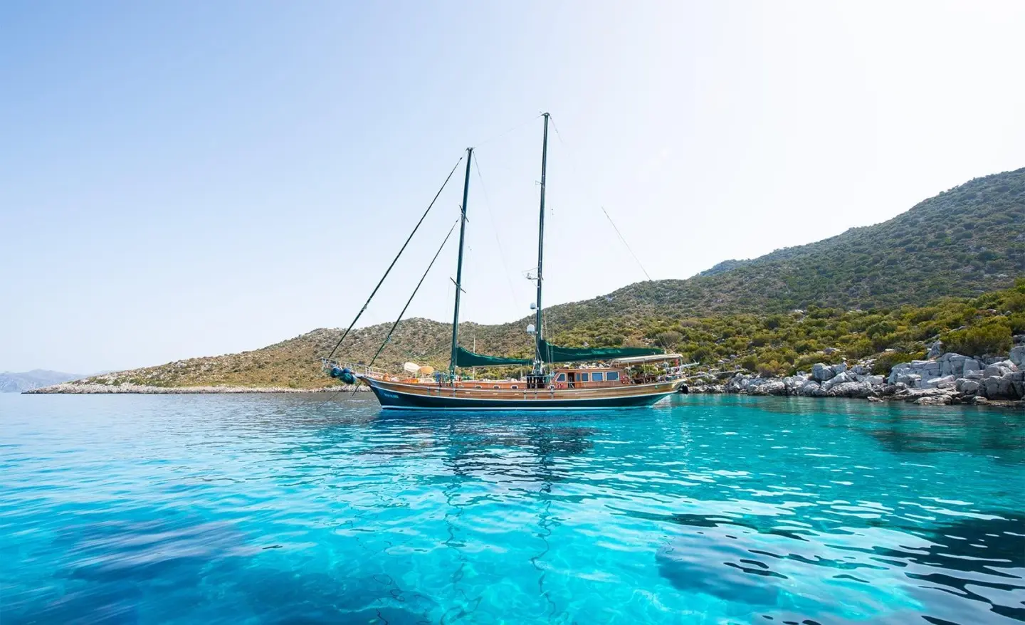 Yacht Ros Mare anchored near rocky coastline with clear blue water and hills