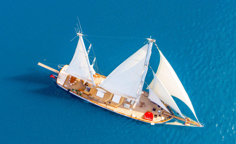 Aerial view of Grande Mare sailing yacht on blue sea