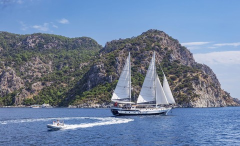 Sailing yacht on blue sea with green rocky cliffs in the background